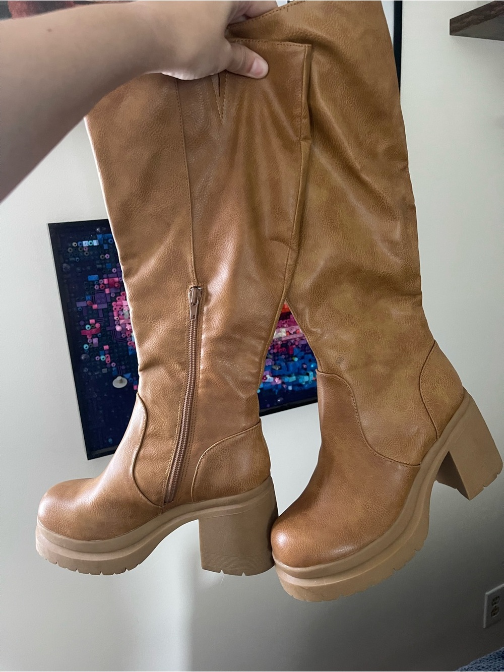 Tall Platform Knee-High Boots in Camel